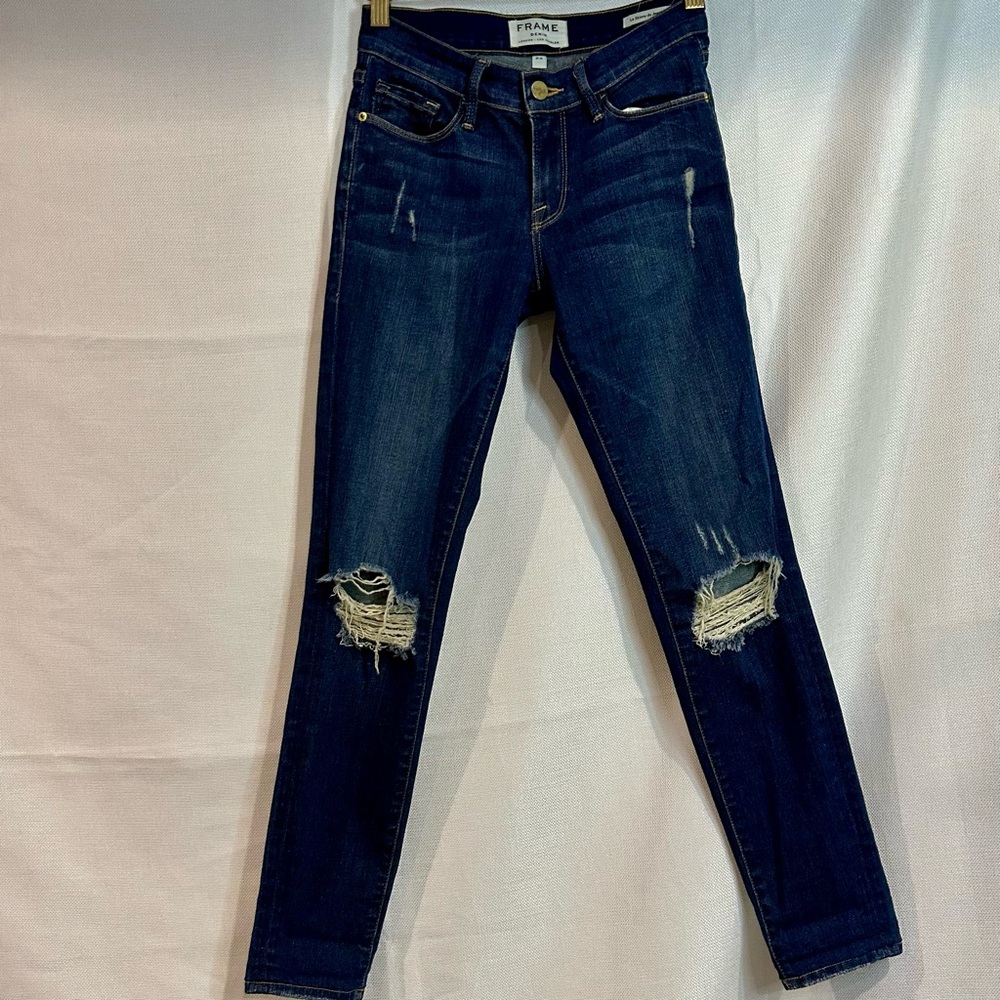 Frame Denim Le Skinny de Jeanne Women 24 Dark Wash Blue Stretch Distressed Jeans